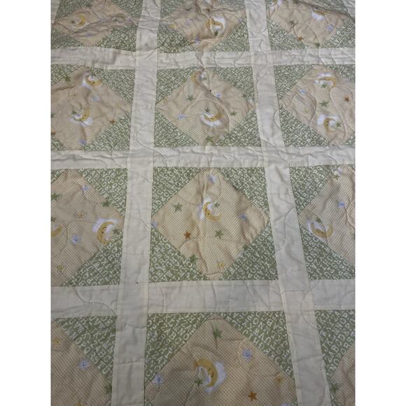 VintageBaby Crib Quilt Green/yellow/ With Moons - Picture 2 of 6